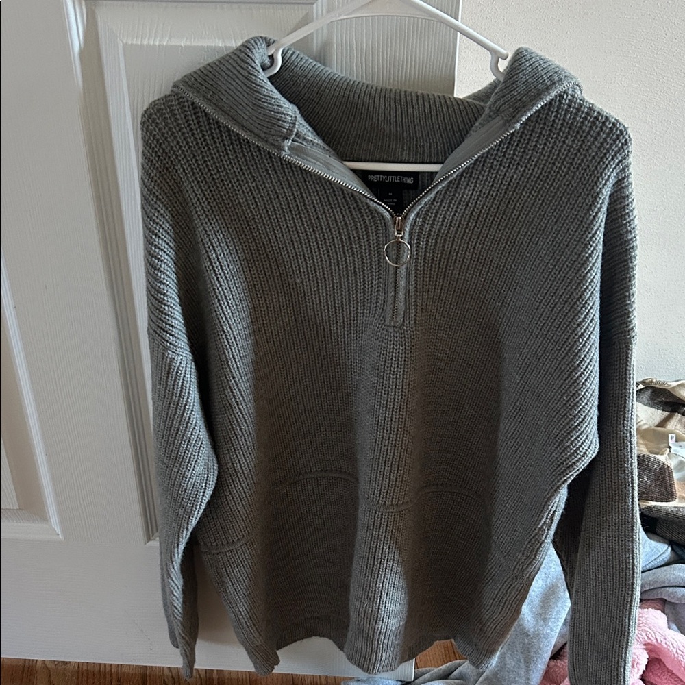 PrettyLittleThing Charcoal Knit Half-Zip Hoodie